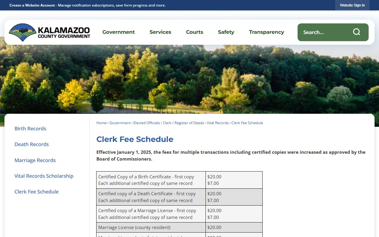 Kalamazoo County clerk fee schedule for court record copies