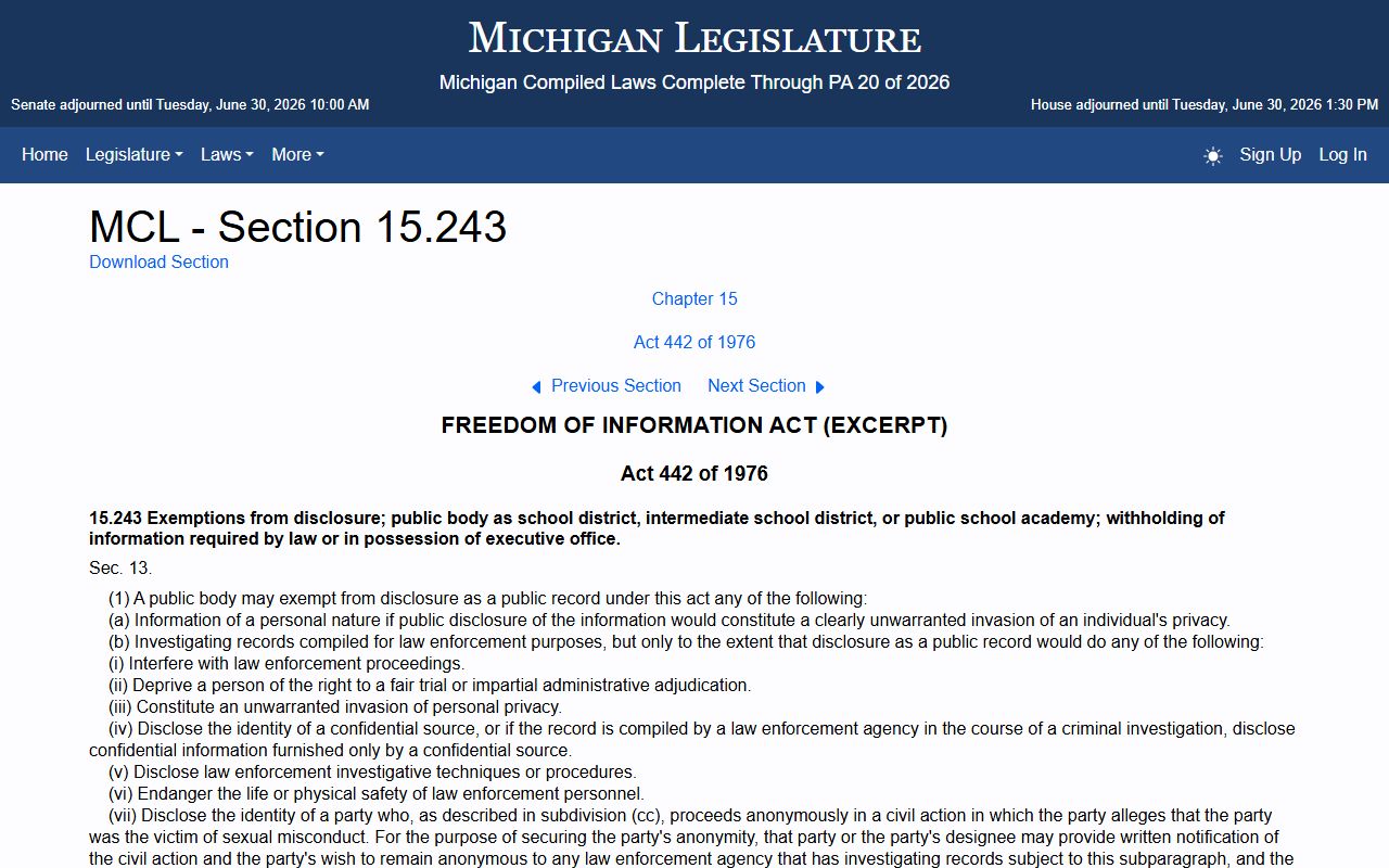 Kalamazoo County court records Michigan FOIA exemptions MCL 15.243