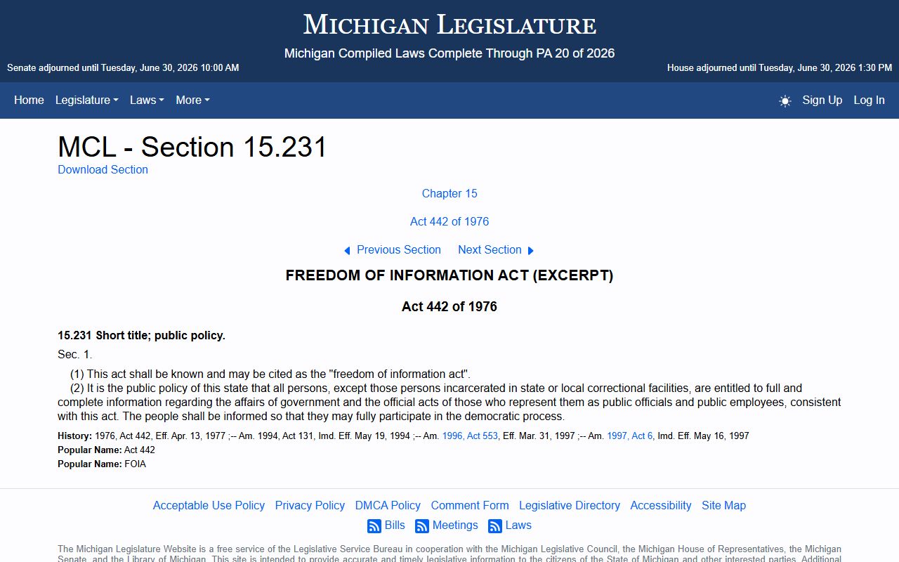 Kalamazoo County court records Michigan public records law MCL 15.231