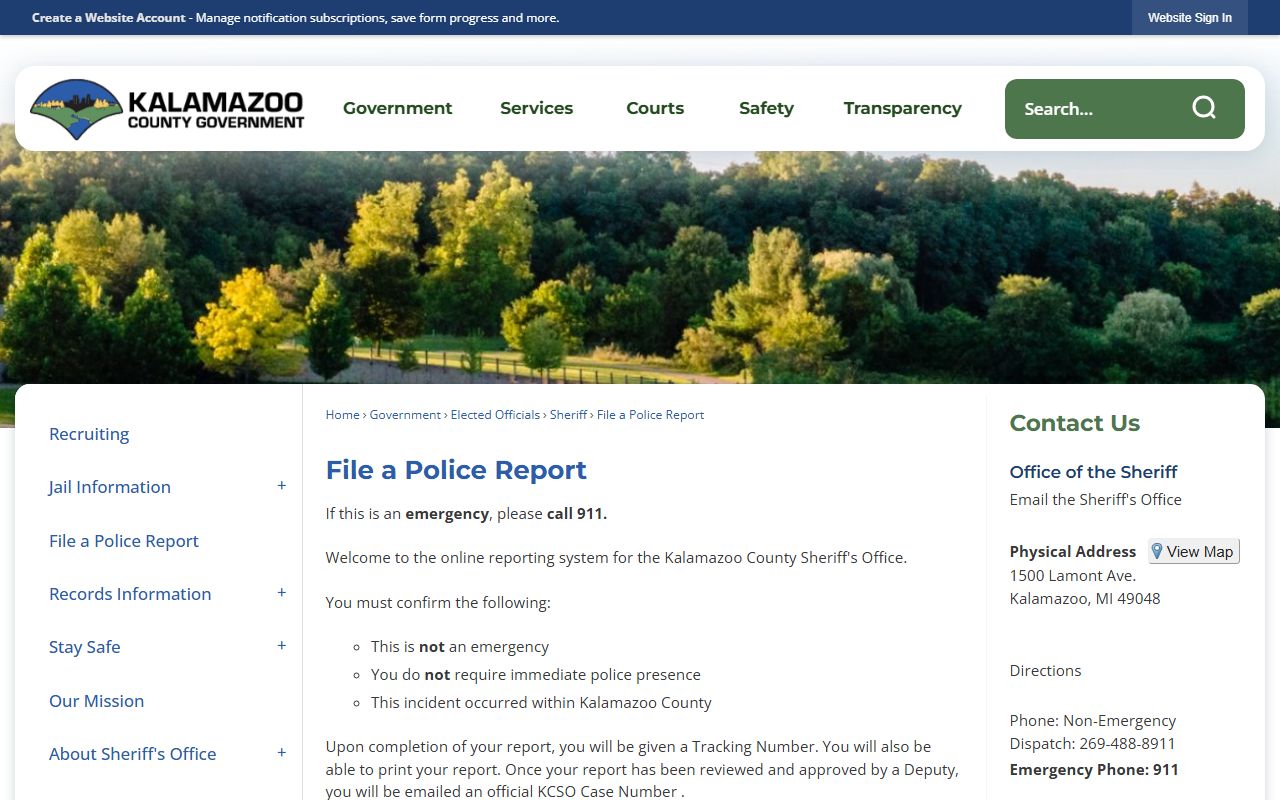 Kalamazoo County file a police report page tied to arrest records