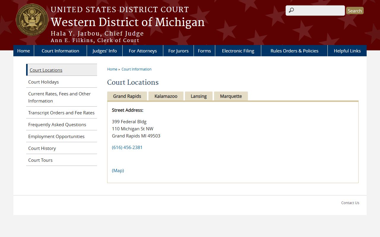 Kalamazoo County federal court docket locations for the Western District of Michigan