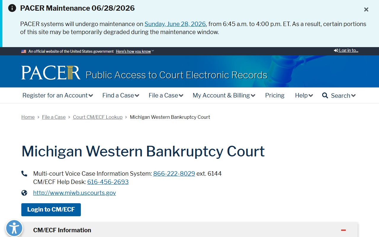 Kalamazoo County federal bankruptcy court dockets through the PACER lookup