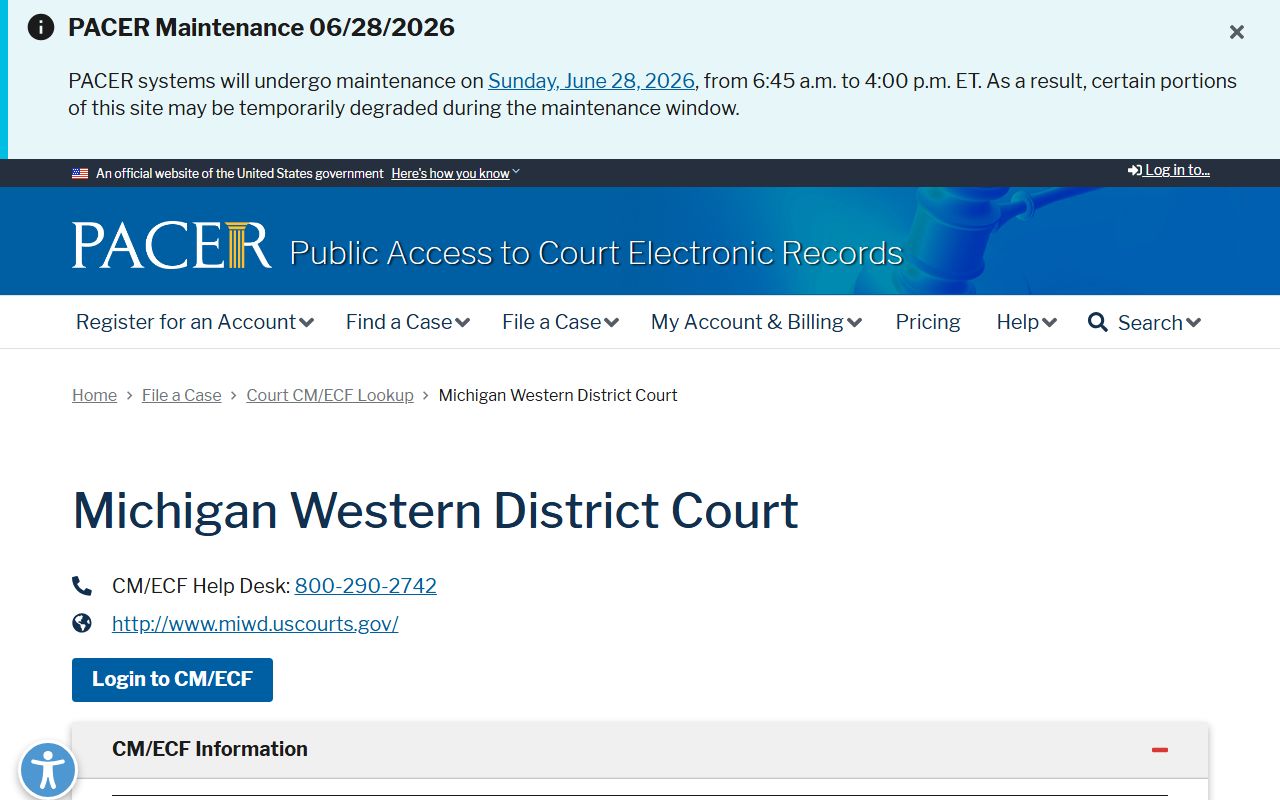 Kalamazoo County federal court dockets through the PACER civil and criminal lookup