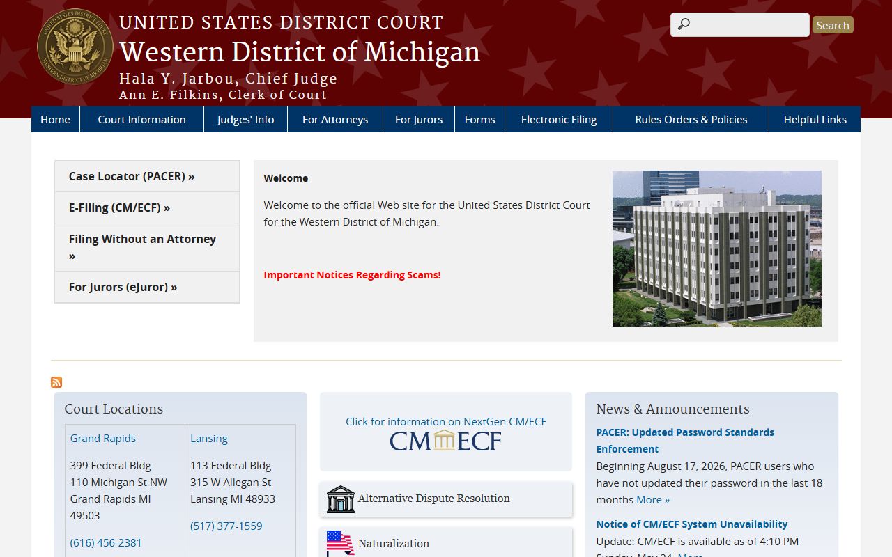 Kalamazoo County court dockets link to the Western District of Michigan federal court