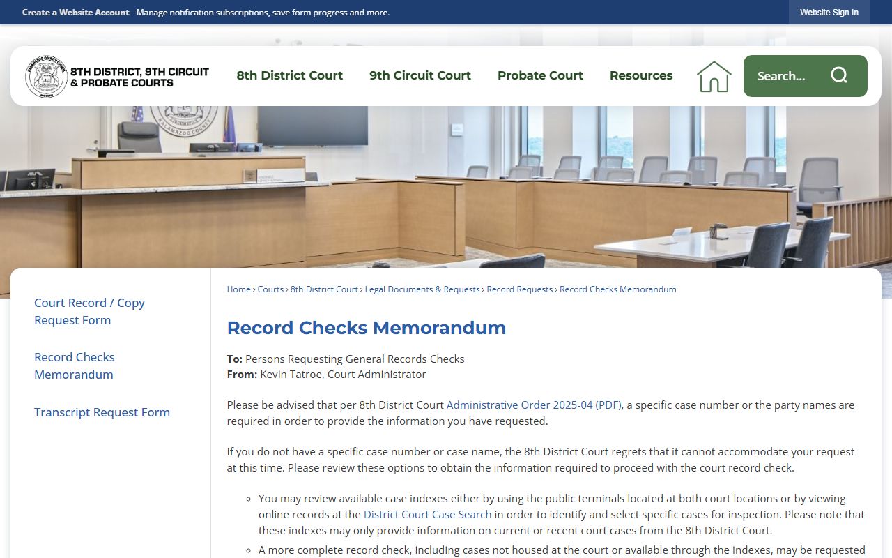 Kalamazoo County court records check memorandum with identifier requirements