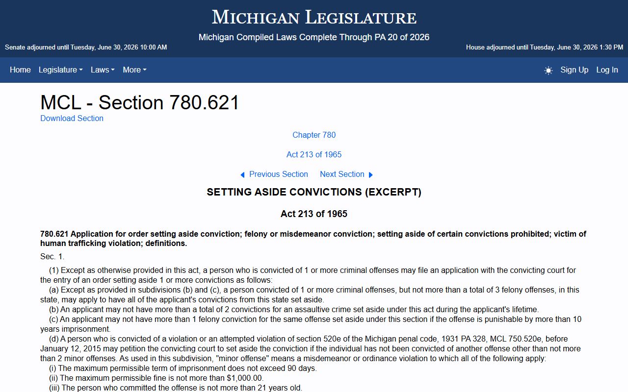 Kalamazoo County criminal court records Michigan set-aside statute