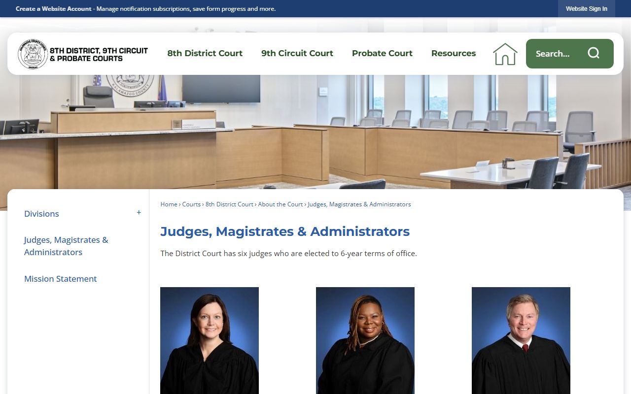 Kalamazoo County court records page of judges, magistrates, and administrators