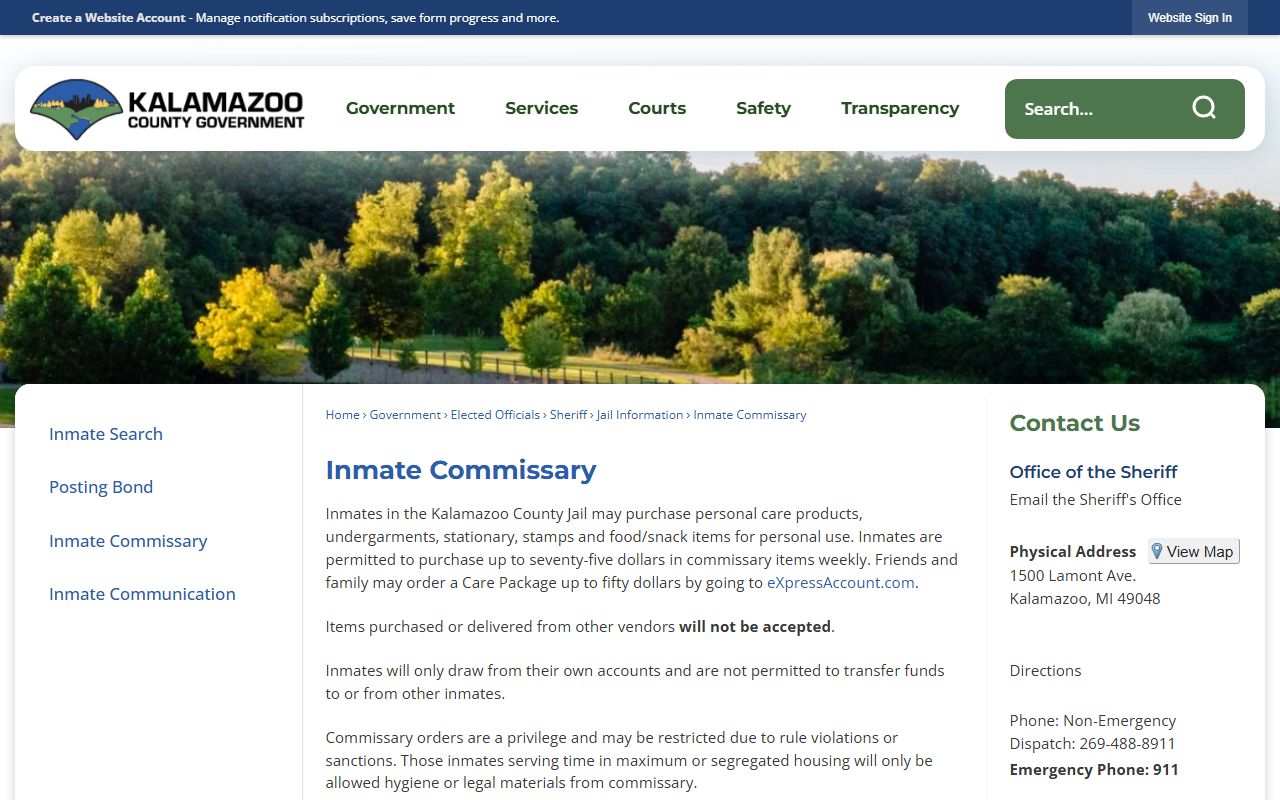 Kalamazoo County jail inmate commissary policy for court records
