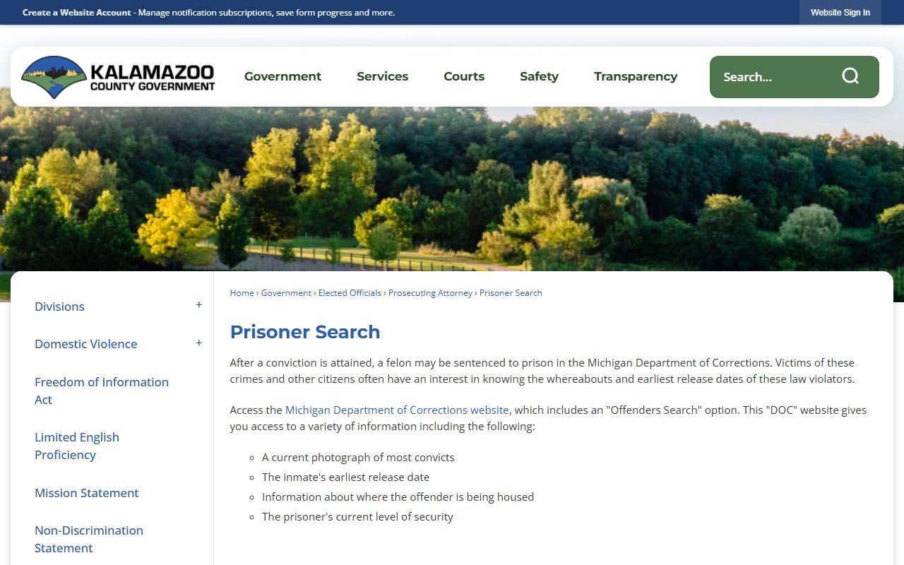 Kalamazoo County prisoner search and inmate records landing page