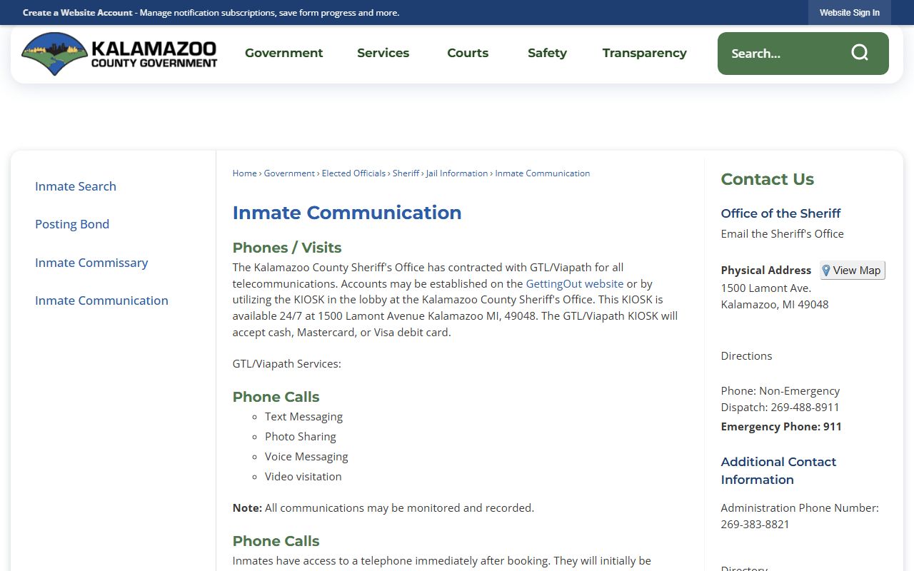 Kalamazoo County inmate communication page for jail phone and inmate records