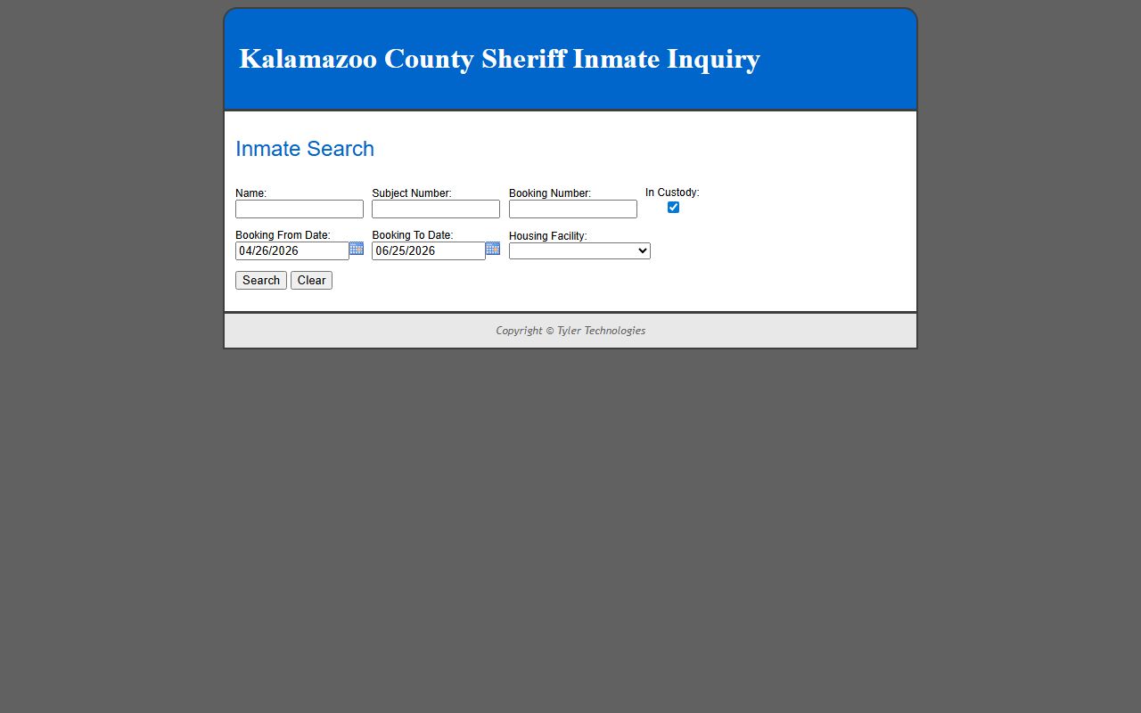 Kalamazoo County inmate inquiry roster search form for inmate records