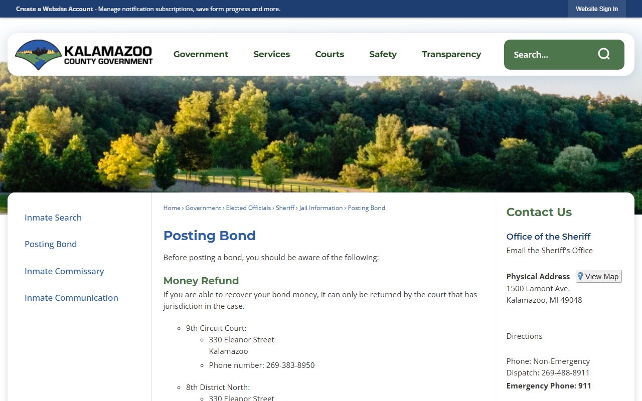 Kalamazoo County posting bond page for inmate records and jail release