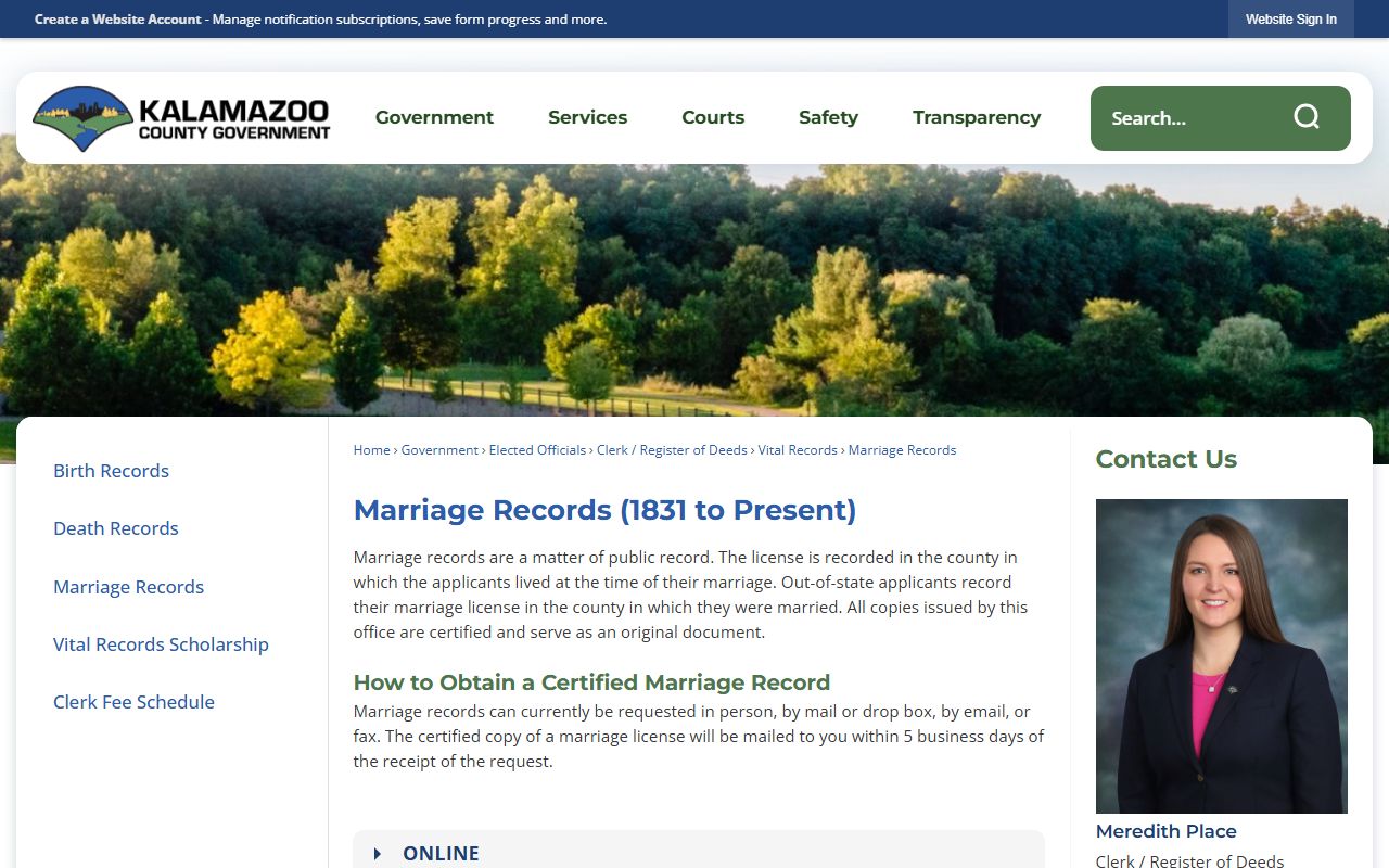 Kalamazoo County marriage records request page and search options