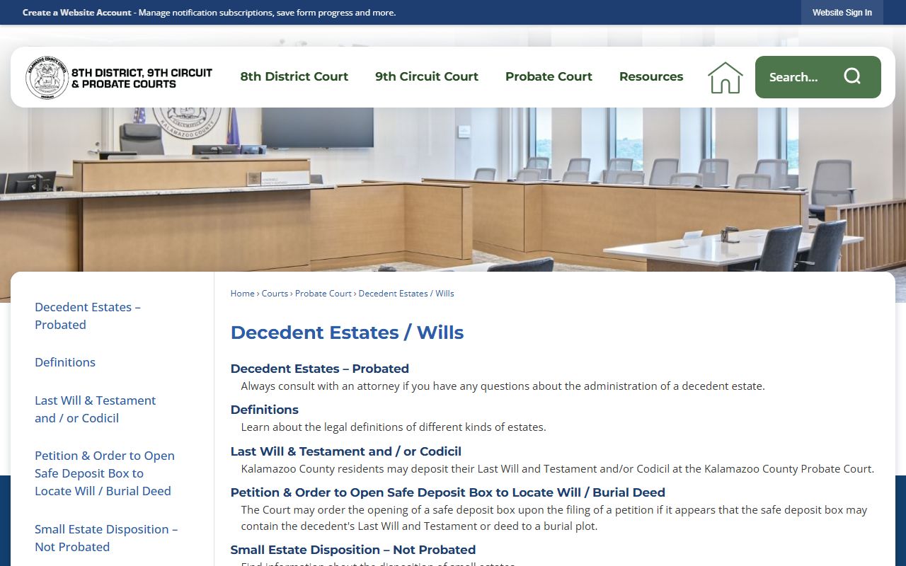 Kalamazoo County probate records for decedent estates and wills