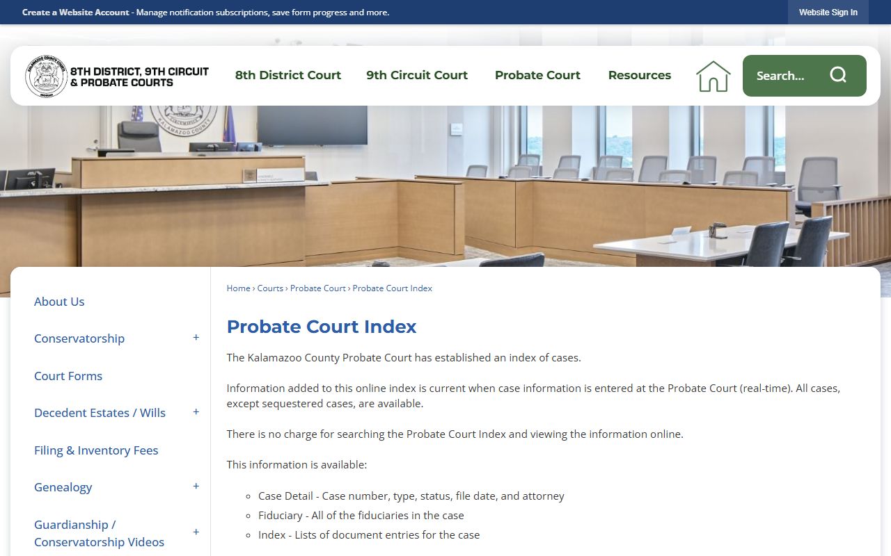 Kalamazoo County probate records index search for wills and estate files