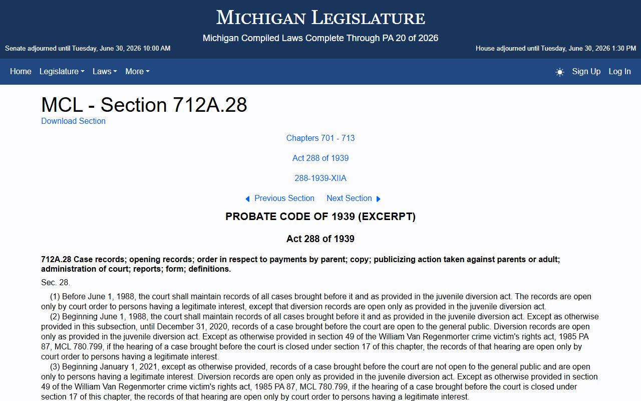 Kalamazoo County juvenile warrant records confidentiality statute